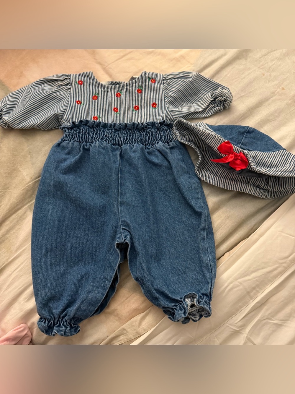Petits Fours | Vintage Blue Denim Baby Jumper with Red Floral Accents